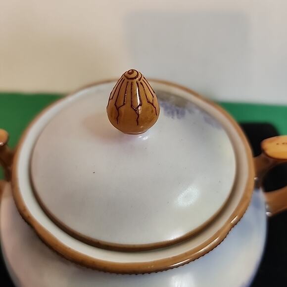 VTG Morimura Noritake Moriage Sugar Bowl Windmill Trees Water Blue White Lid - Picture 5 of 12